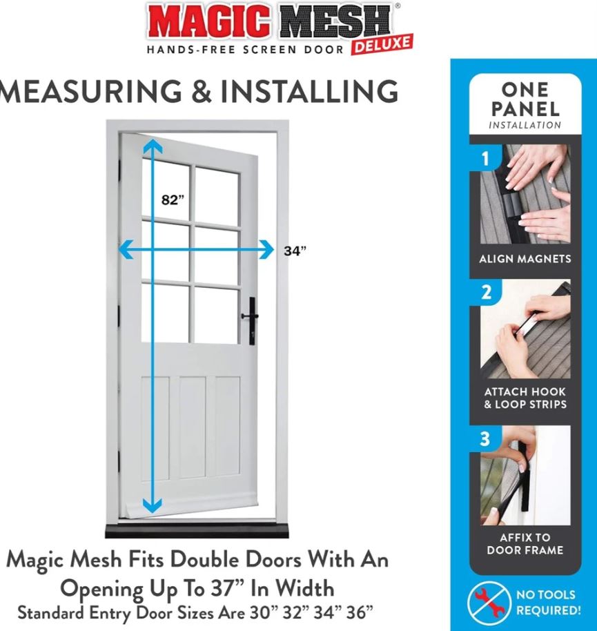 Magic Mesh Deluxe- Hands Free Magnetic Screen Door, Mesh Curtain Keeps Bugs Out, Pet & Kid Friendly- Fits Doors up to 32 x 80 Inches